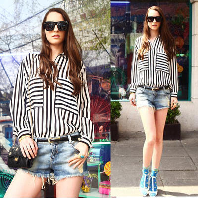 

Women shirt Women Career Long Sleeve Chiffon Blouse Tops Vertical Striped Button Down Shirt