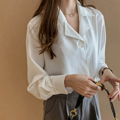 

Women Blouse Autumn Blouse Turn-down Collar Solid Color Fashion Casual Long Sleeve Office Lady Blouses