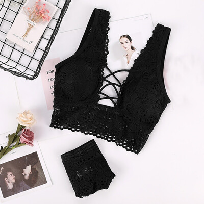 

Sexy Bandage Lace Cross Belt Hollow Bra 2019 Lingerie Bra Set Intimates Underwear Set Lace Push Up Wire Free Bra&Panty Set