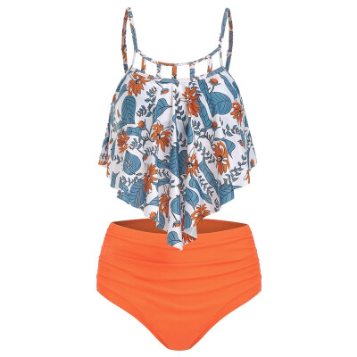 

Floral Print Cut Out Overlay Tankini Set