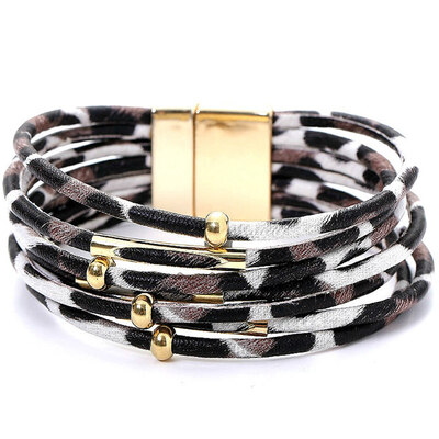 

Women Leopard BraceletsMetal Pipe Charm Multilayer Wide Leather