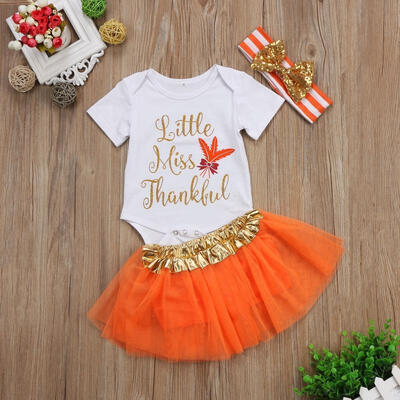

3Pcs Newborn Baby Girls Thanksgiving Short Sleeve Romper Bodysuit Tutu Skirt Outfits Set 0-18Months