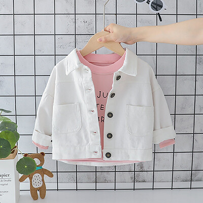 

Spring Autumn Children Girls Solid Color Wear Denim Tops Bottoming Long-Sleeved Lapel Jacket