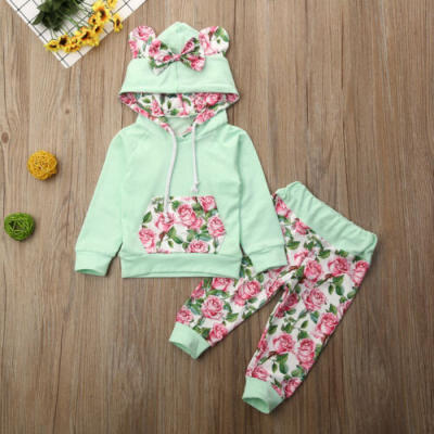 

US Canis Kid Baby Girl Long Sleeve Floral Hooded Tops Pants Winter Warm Clothes