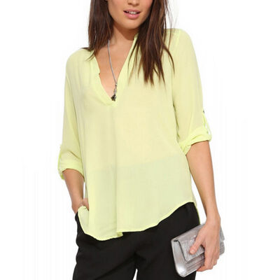 

Sexy Summer Women Loose Chiffon V-Neck Tops Long Sleeve Shirt Casual Blouse