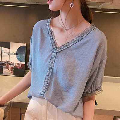 

Shirt Short Sleeve Summer Women Blouses Tops Casual Lace Stitching V-neck chiffon shirt