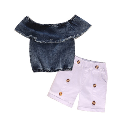 

Lovely Children Set 2-7T New Baby Girls Short Sleeve Off-shoulder T-shirt TopsShorts Suits Casual Outfits Sets