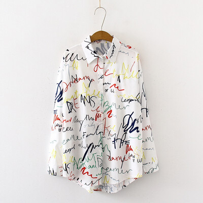 

Blouse Women Letters Printing Blouses Fashion Ladies Chic Turn Down Collar Button Long Sleeve Shirt Tops blusas mujer moda shirt