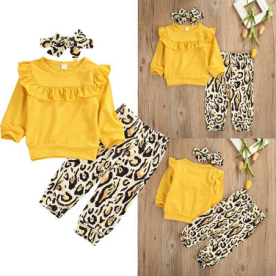 

Infant Kids Baby Girl Clothes Ruffle Tops T-shirt Leopard Pants Headband Outfits