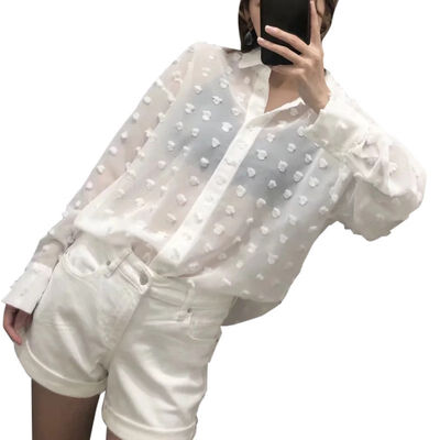 

Womens Dot Print Blouse Loose Long Sleeve Button Shirt Sexy Semi-Transparent Blouses