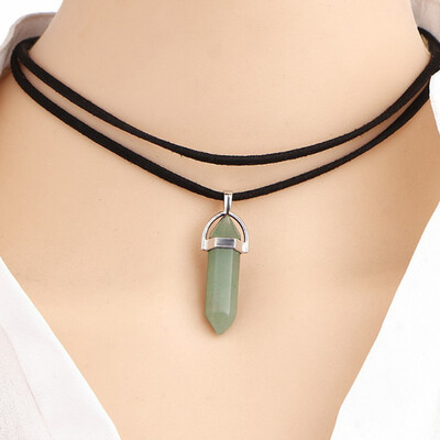 

Energy Imitation Crystal Opal Bullet Hexagon Prism Choker Necklace Quartz Stone Leather Rope Necklaces For Women