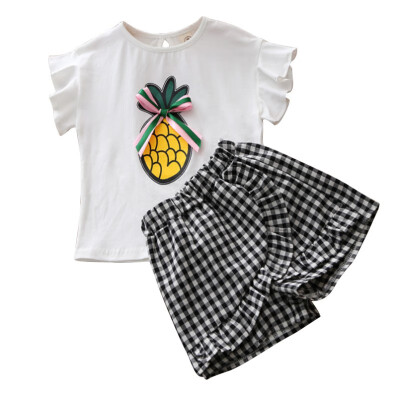 

2018 Summer Kids Clothing Set Baby Girl Print Short Sleeve T-Shirt Bow Neckline Stripe Shorts Skirt Two-piece Childr