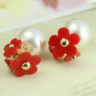 

Fashion simulated pearl ball Earrings flower hiphop two side Jewelry Earrings