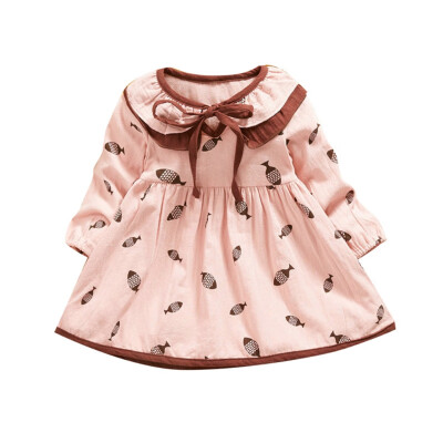 

Spring Autumn New Baby Kids Girls Animal Fish Print Long Sleeve Dress Doll Collar Bowknot Solid Color Cotton Comfortable Dresses