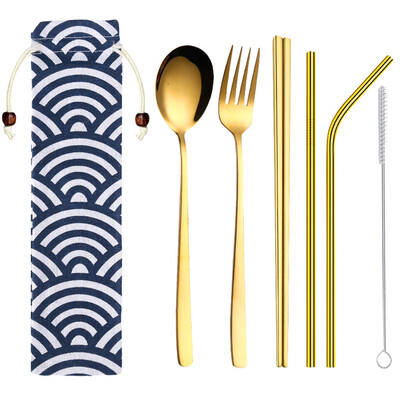 

Toponeto Stainless Steel Dinnerware Set Metal Straw Spoon Fork Chopsticks Tableware 6 Pcs