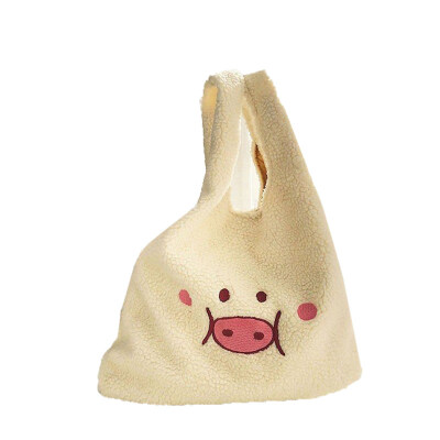 

Womens Cute Cartoon Pig Embroidery Plush Large Capacity Tote Shopping Bag