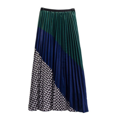 

Spring Summer New Contrast Color Mosaic Plaid Stripe Big Swing Pleated Long Maxi Skirt Women faldas mujer moda jupe femme