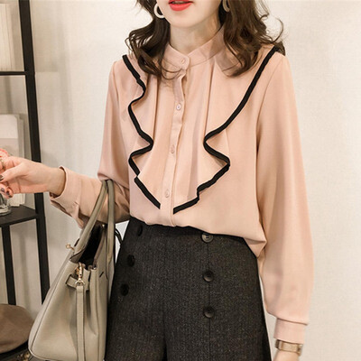 

Women Temperament Lady Cute Bow Long Sleeve Blouse Women Slim Ruffled Chiffon Simple Womens Tops And Blouses 2019 New Fashion