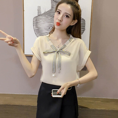 

Summer Bow V Neck Solid Womens Tops And Blouses Short Sleeve Pullover Office Chiffon Femme Blouse vadim 2019 Korean Style