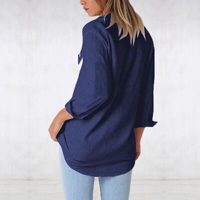 

Women V-Collar Button Slim Lapel Shirts Solid Color Long Sleeves Tops Mid-length Casual Autumn Winter Blouse