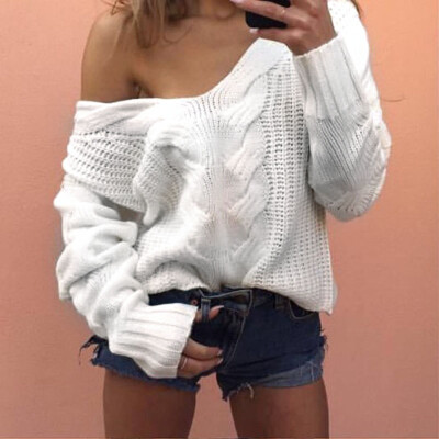 

Fall Sexy Womens V-Neck Knitted Sweater Long Sleeve Loose Jumper Tops Knitwear