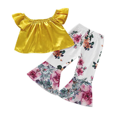 

2Pcs Summer Fashion Baby Girls Wine Red One Word Shoulder Top Print Floral Flared Pants 6Months-5 Years