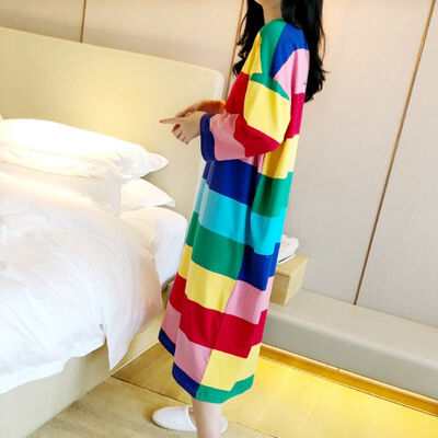 

Women Sexy Pajamas Cotton Round Neck Long Sleeve Nightdress Lingerie Cartoon Stripes Print Home Clothing