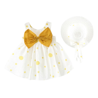 

2Pcs Baby Girls Dress Sets Kids Polka Dot Pattern Bow Dresses Casual Sleeveless Tutu Sundress with Beach Hat
