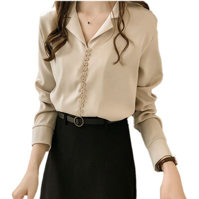 

New Style Women Sweet Buckle Solid Color V Neck Collar Button Shirt Long Sleeve Female Loose Bottoming Blouse Plus Size
