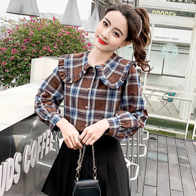 

JOY OF JOY Jingdong Womens 2019 Spring Japanese Style Cotton Doll Shirt Lotus Leaf Lace Collar Plaid Casual Long Sleeve Shirt Women JWCC191350 Brown L