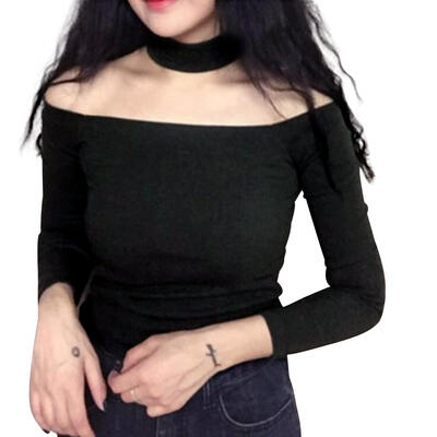 

Fashion Strapless Women T-Shirt Long Sleeve Solid Off Shoulder Halter Tops