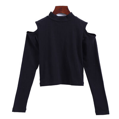 

Spring Summer New Slim Solid Color Women Crop Tops Korean Style Turtleneck Long Sleeve Off The Shoulder T-shirts
