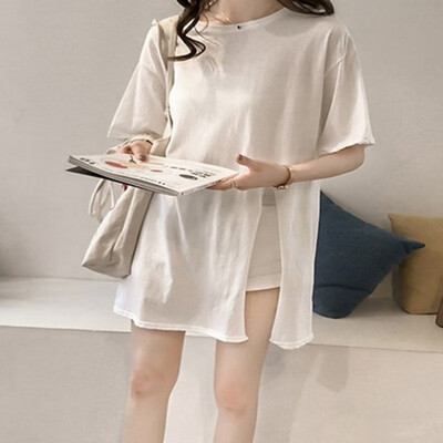 

Women O Neck Side Split Irregular Casual Tops Solid Color Short Sleeve Brief Tshirts Harajuku Streetwear Elegant Long T-shirts