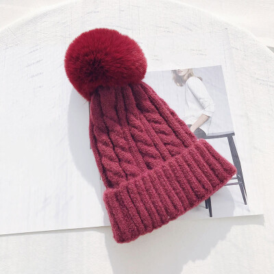 

Hat Female Winter Fur Ball Wool Hat Twist Knit Hat Simple Wool Blend Knit Hat