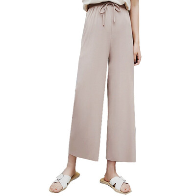 

Autumn High Waist Stretch Knit Wide Leg Pants Women Drawstring Solid Color Loose Straight Long pant