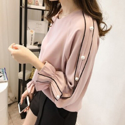 

Chiffon shirt female Blusa Beaded Tops Plus Size Autumn long-sleeved Solid color Women blouse Women clothing