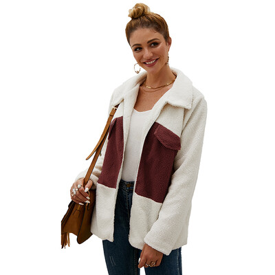 

Women Autumn Winter Jacket Loose Plush Long Sleeved Wild Casual Jacket Velvet Color Stitching Zipper Lapel Warm Coat