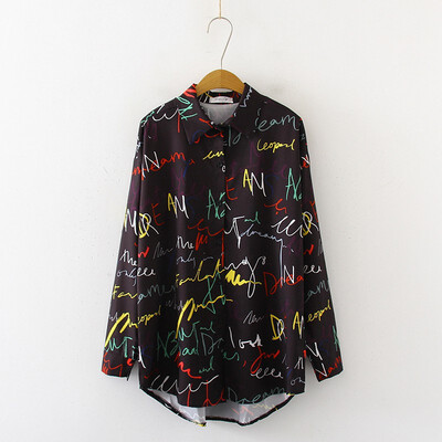 

Blouse Women Letters Printing Blouses Fashion Ladies Chic Turn Down Collar Button Long Sleeve Shirt Tops blusas mujer moda shirt
