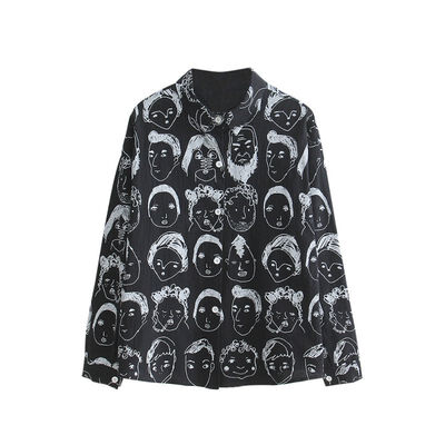 

Womens Fashion Character Printed Blouse Women Graffiti Blouses Streetwear Turn Down Collar Long Sleeve Cotton Loose Shirt