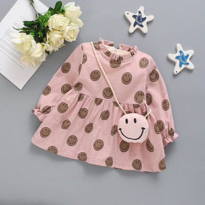 

Autumn Casual Toddler Baby Girls Long Sleeve Smile Print Dress Kids Princess Thicken Pageant Dresses With Bag