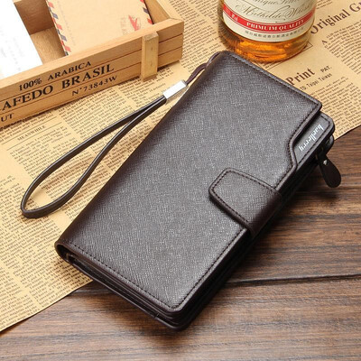

Men Wallets Long Purse Clutch PU Leather Zipper Press Stud Solid Credit Card Holder Vintage Organizer with Wrist Strap