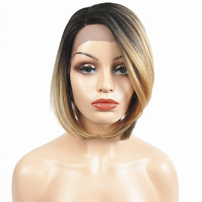 

StrongBeauty Bob Lace Front Wig with L Part Lace Wig Ombre Blonde Black Root Hand tied Invisible Synthetic Straight Wigs