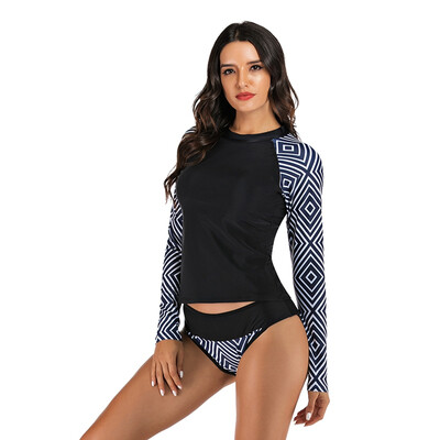 

Long Sleeve Rash Guard Swimwear Women TWO Piece Swimsuit Patchwork Front Zipper Bathing Suit Beach Swimming Suit For Women