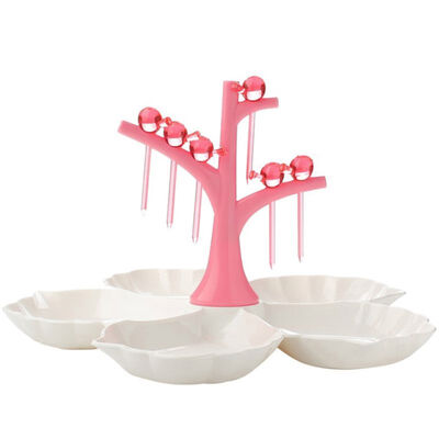

Fruit Plate Fork Set Bird Fork Tree Fork Holder Flower-shaped Fruit Plate 5 Compartments BlueLight RedGreen