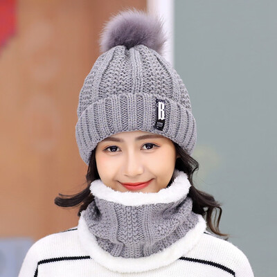 

Fashion Cotton B Letters Knitted Hat And Hat Scarf Women Soft Winter Warm Beanies Caps Outdoor Sport Hats