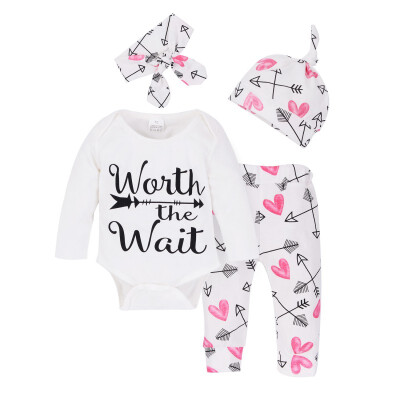 

New Infant Toddler Newborn Baby Girls Letter Print Outfit Clothes Tracksuit Hooded TopsLeggings Pants Headband 4Pcs Set