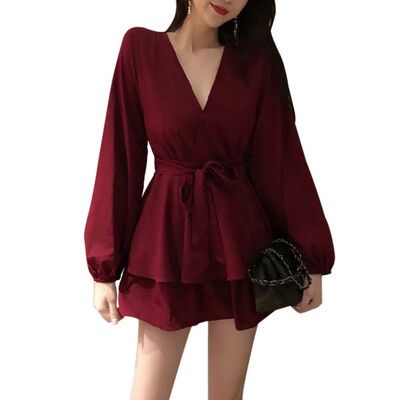 

Elegant Dress Women Solid Color Wild V Collar Sexy Temperament Dresses Slim Waist Slim Shirts Casual Vestidos