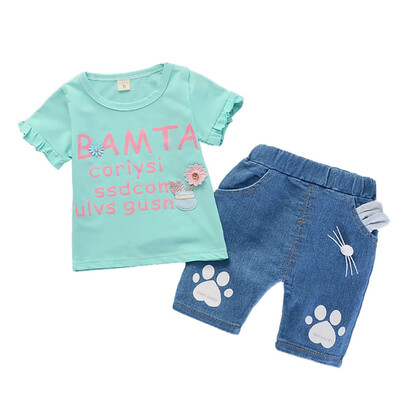

Summer Baby Girls Short Sleeve Floral Letter Print T-shirt TopsDenim Shorts Suits Casual Outfits Sets