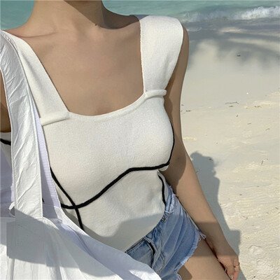 

Sexy contrast color knit bottoming crop tops womens fashion simple&comfortable sleeveless soft sling