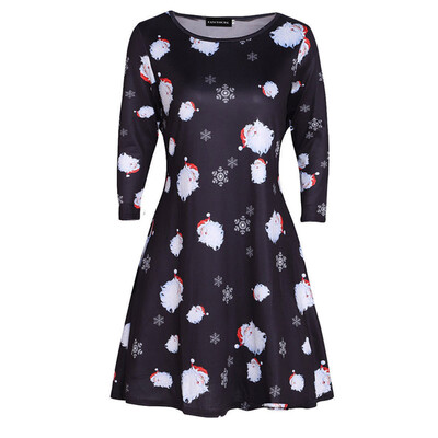 

New Fashion Casual Womens Long Sleeve Santa Snowman Printed Colourful Christmas Dress